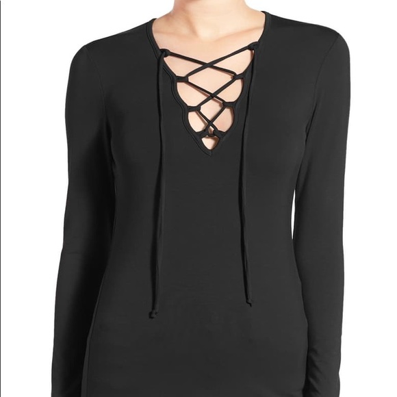 Leith Tops - Nordstrom Leith Black Long Sleeve Lace Up Shirt